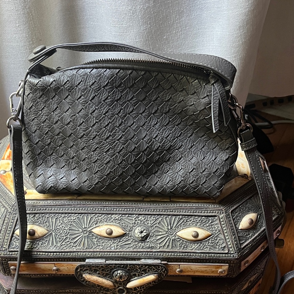 Dark Grey, Faux Leather, Basketweave-textured Handbag.